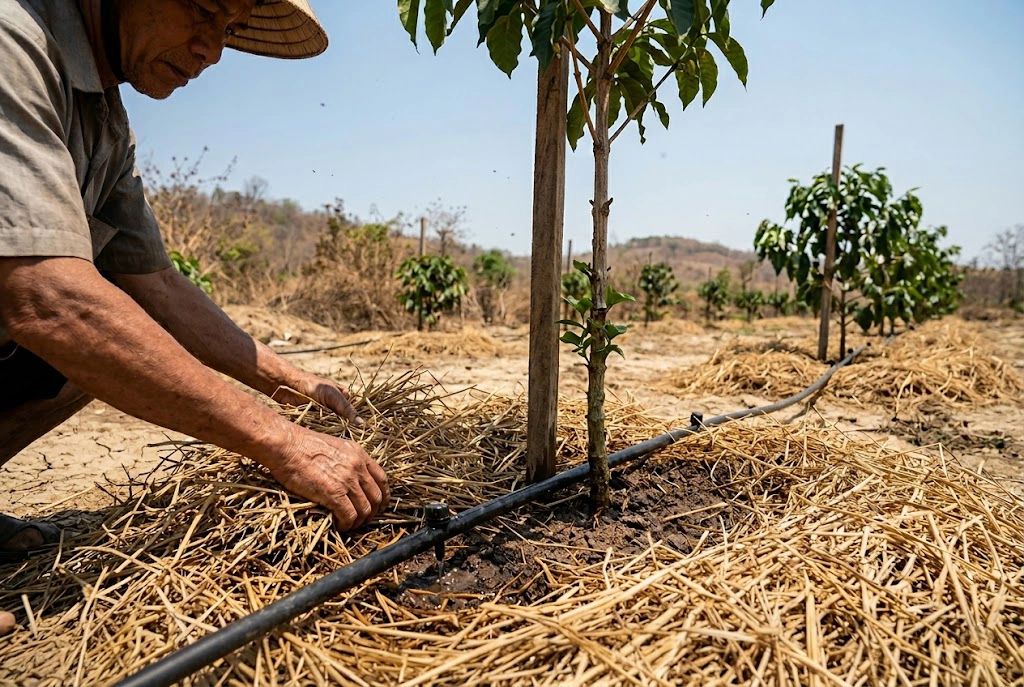 giai-phap-giu-nuoc-cho-cay-trong-mua-han Hình ảnh minh họa cách kết hợp hai giải pháp: Phủ gốc bằng rơm rạ và lắp đặt hệ thống tưới nhỏ giọt để tối ưu hóa khả năng giữ ẩm cho đất và tiết kiệm nước tưới cho cây cà phê non trong mùa khô.