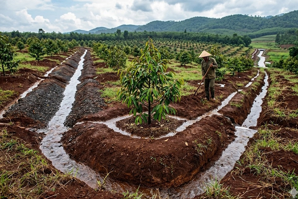 he-thong-muong-ranh-thoat-nuoc-vuon-sau-rieng copy Hình ảnh minh họa một hệ thống mương rãnh thoát nước được thiết kế bài bản trong một vườn sầu riêng trẻ.
