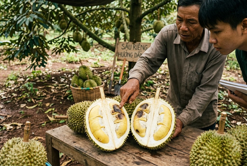 khac-phuc-sau-rieng-chay-mui-suong-com copy Một quả sầu riêng bị cháy múi và sượng cơm được bổ ra, phần cơm bị khô, sẫm màu và cứng, tương phản với những múi sầu riêng vàng ươm, chất lượng đạt chuẩn.
