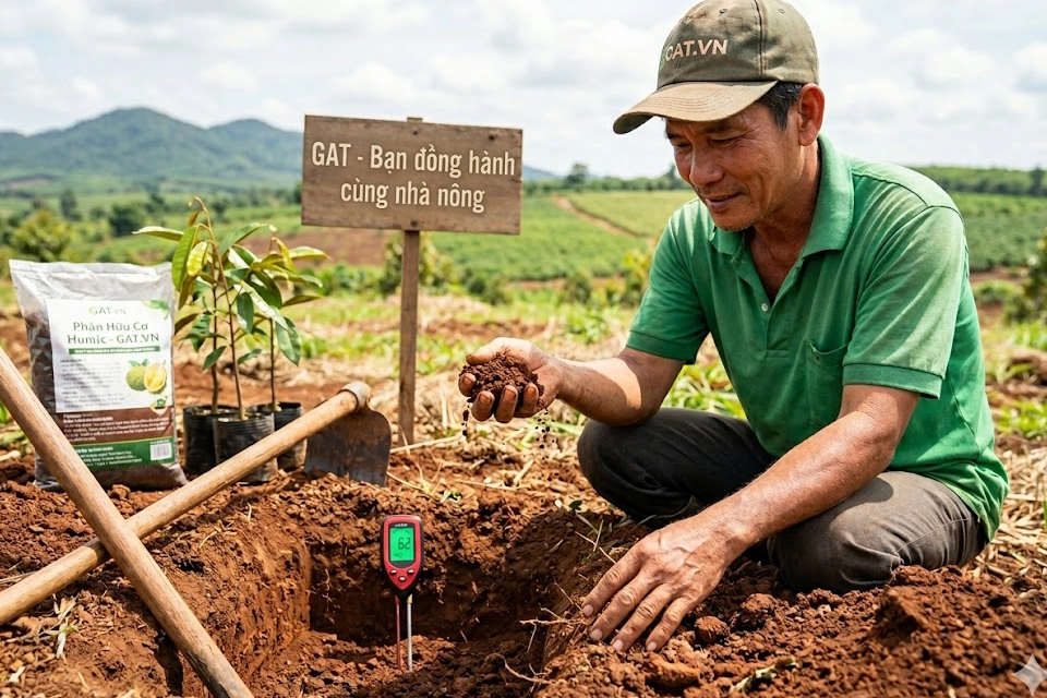 kiem-tra-dat-bazan-trong-sau-rieng-dak-lak copy Nhà nông kiểm tra kỹ độ tơi xốp và đo pH 6.2 của đất đỏ bazan trước khi xuống giống sầu riêng.