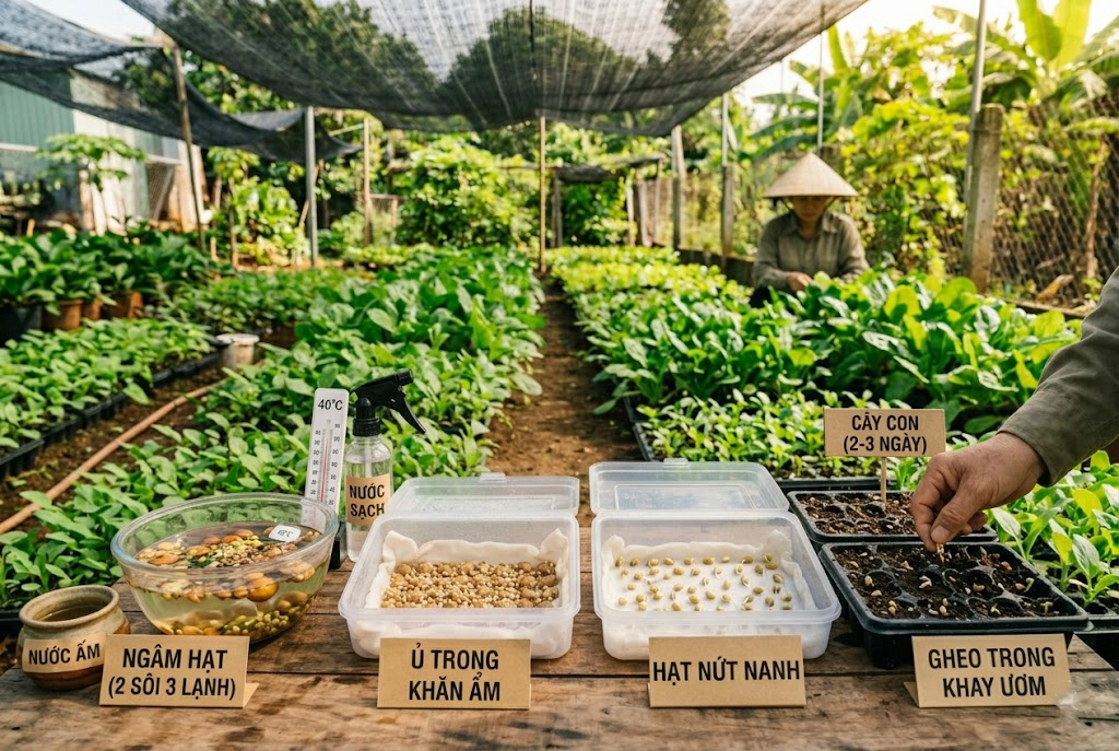 Hình ảnh minh họa bốn giai đoạn chính trong quy trình xử lý hạt cải tại vườn ươm.