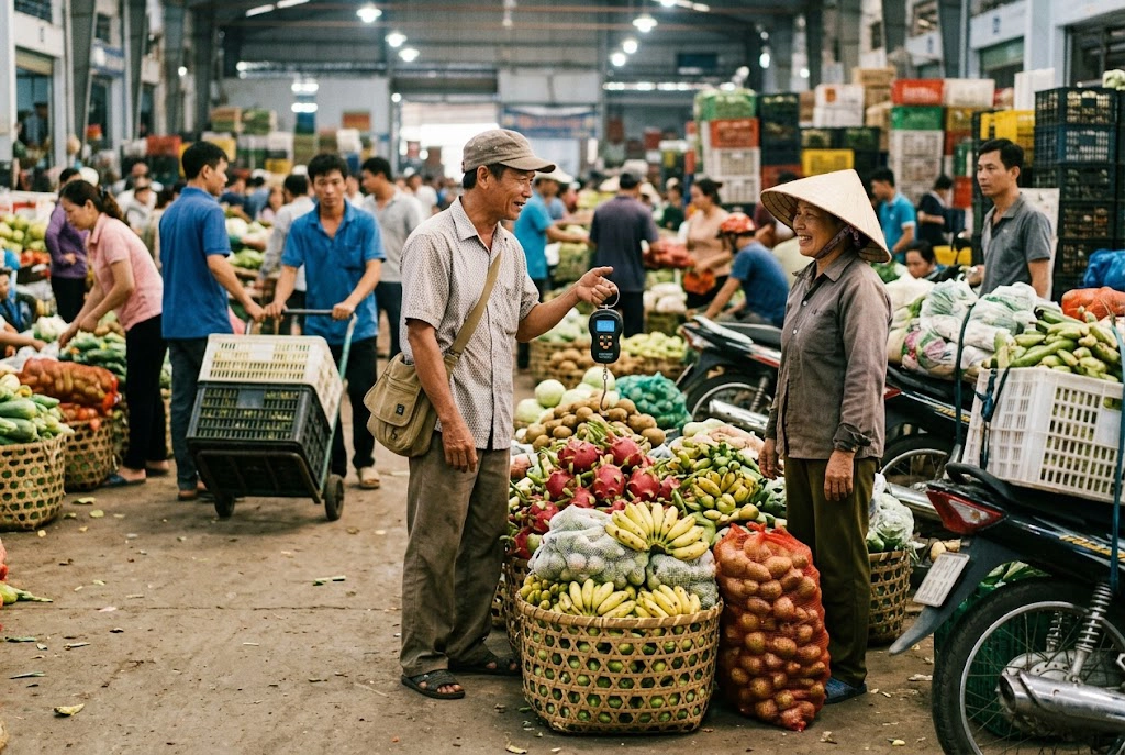 lai-buon-va-nha-vuon-dau-mua copy Một khoảnh khắc giao lưu chân tình giữa thương lái và nhà vườn tại chợ đầu mối. Sự tin tưởng và cái "duyên" là nền tảng cho sự hợp tác bền vững.