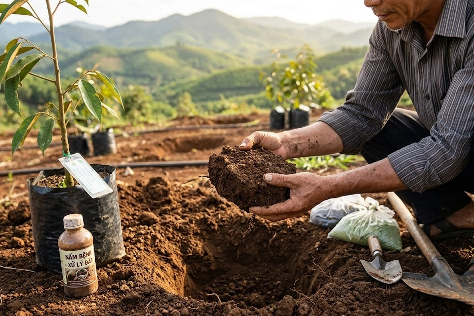 Giai đoạn quan trọng nhất: Người nông dân (Gặt) kiểm tra chất đất và xử lý nấm bệnh kỹ lưỡng trước khi đặt bầu giống sầu riêng xuống hố.