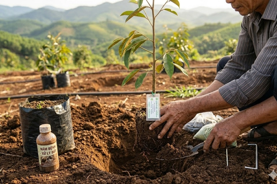 Kỹ thuật đặt bầu sầu riêng chuẩn: Lựa chọn cây giống khỏe mạnh và đặt vào hố đúng độ sâu để tránh thối cổ rễ, giúp cây nhanh bén đất và phát triển bền vững.