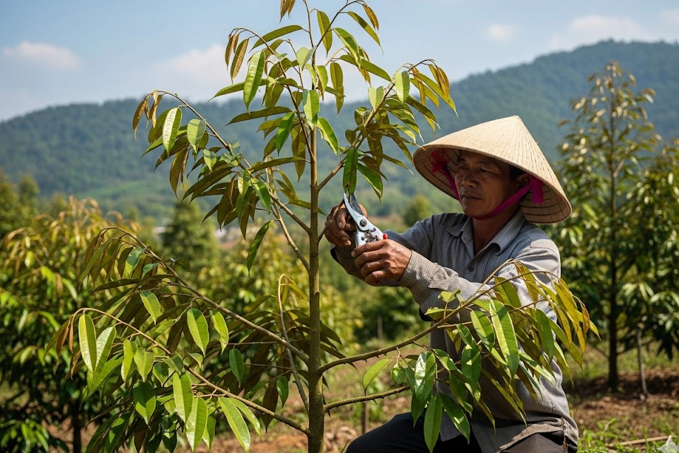 Giai đoạn "nuôi con mọn": Người nông dân đang tỉ mỉ cắt tỉa cành, tạo bộ khung tán lực và thông thoáng cho cây sầu riêng con, giúp cây phát triển khỏe mạnh và chống chọi tốt với sâu bệnh.