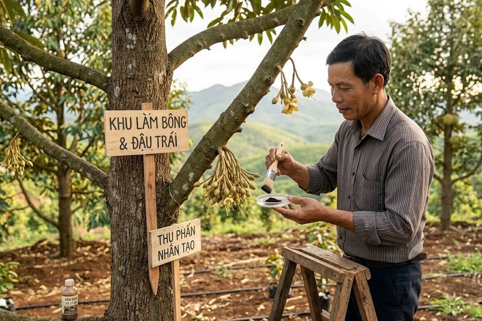 Giai đoạn quyết định năng suất: Người nông dân đang thực hiện kỹ thuật thụ phấn nhân tạo cho bông sầu riêng, giúp trái sau này tròn đều, đầy hộc và không bị méo mó.