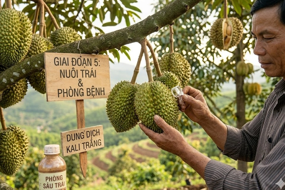 Về đích an toàn: Giai đoạn 5, người nông dân (Gặt) chăm chút tỉa trái méo và theo dõi kỹ lưỡng để bón phân nuôi trái cơm vàng, hạt lép, đồng thời chủ động phòng trị sâu đục trái, cháy múi.