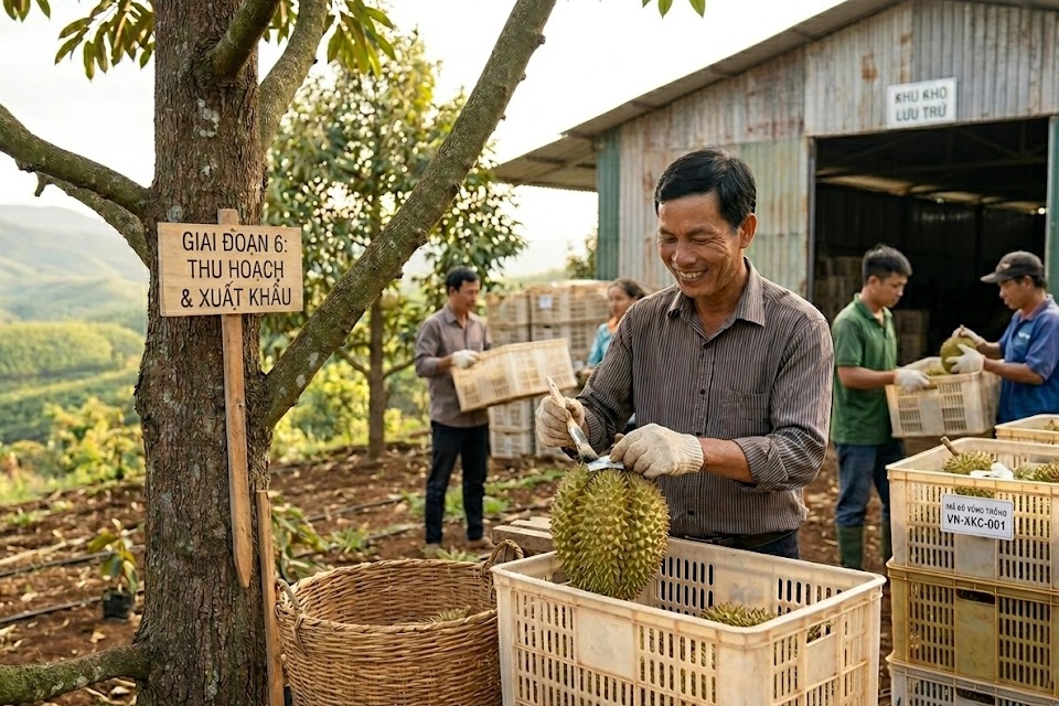 Hình ảnh nhà nông có mùa sầu riêng bội thu.