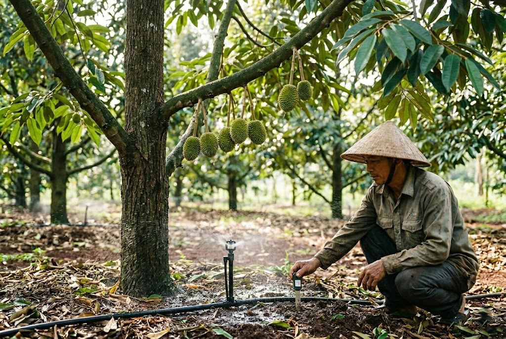 quan-ly-nuoc-sau-rieng-trai-non-gat copy Hình ảnh mô phỏng kỹ thuật tưới giữ ẩm "vừa đủ xài" cho cây sầu riêng đang trong giai đoạn đậu trái non (cỡ quả bóng golf), giúp hạn chế sốc nước và rụng trái.