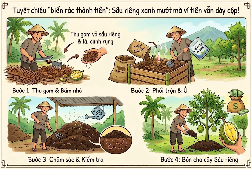 Quy trình 4 bước đơn giản biến vỏ sầu riêng và phụ phẩm nông nghiệp thành phân hữu cơ "vàng đen", giúp cây xanh mướt, đất tơi xốp và tiết kiệm chi phí phân bón.