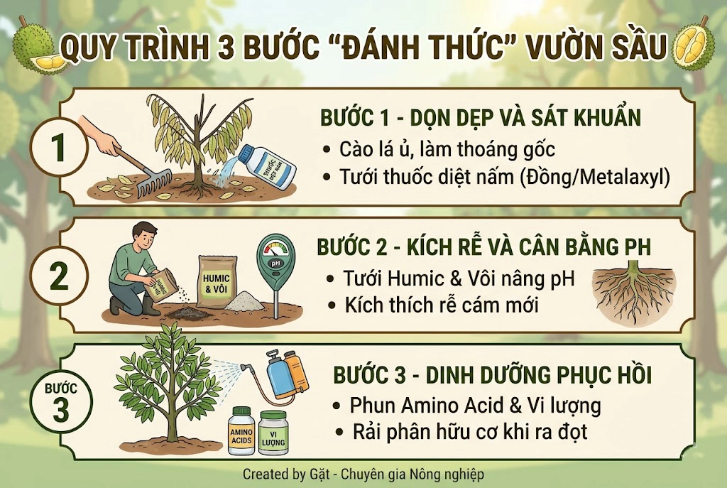Sơ đồ trực quan Quy trình 3 bước "Đánh thức" vườn sầu riêng còi cọc, vàng lá, bao gồm các công đoạn cụ thể: 1. Dọn dẹp và Sát khuẩn rễ; 2. Cân bằng pH và kích thích rễ mới; 3. Cung cấp dinh dưỡng phục hồi qua lá và gốc.