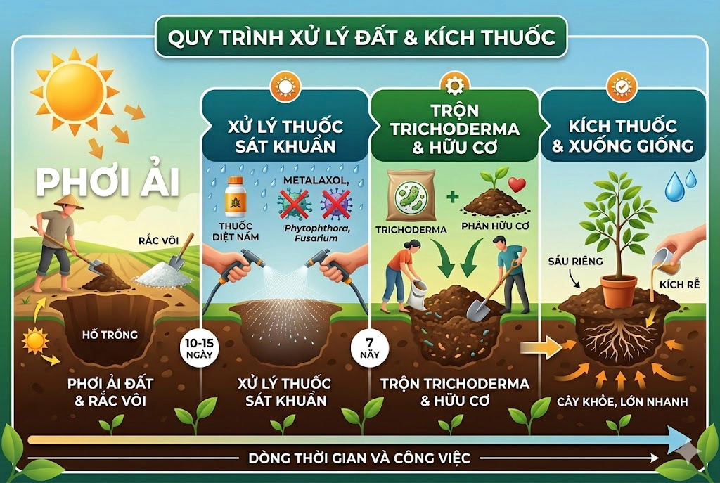 Hình ảnh đồ họa minh họa quy trình 4 bước chuẩn bị đất và xử lý nấm bệnh trước khi xuống giống sầu riêng