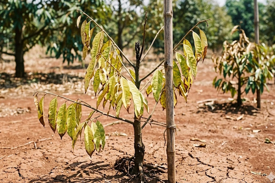 sau-rieng-coi-coc-vang-la copy Hình ảnh thực tế một cây sầu riêng con bị khựng sinh trưởng, lá chuyển màu vàng nhạt, còi cọc do hệ rễ yếu và đất thiếu dinh dưỡng. Đây là tình trạng cần được xử lý cấp bách.