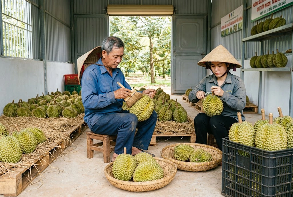so-che-bao-quan-sau-rieng-sau-thu-hoach copy Hình ảnh minh họa các công đoạn quan trọng: làm sạch, xử lý cuống và phân loại sầu riêng tại khu vực thoáng mát ngay sau khi thu hoạch để đảm bảo chất lượng trái.