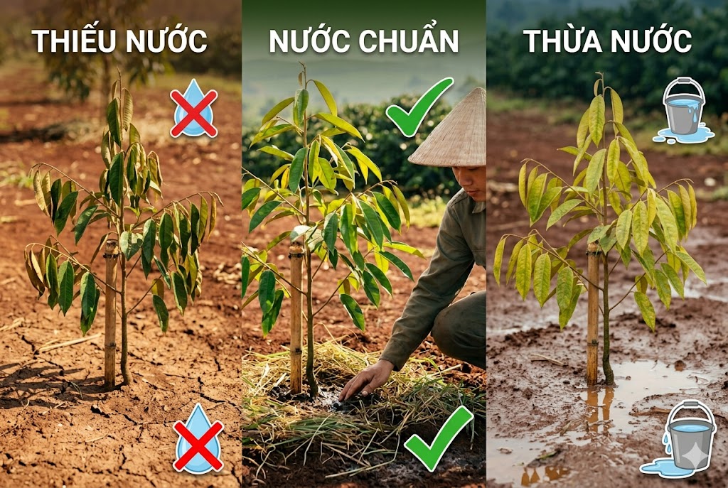 Hình ảnh so sánh ba trạng thái độ ẩm đất cho cây sầu riêng con: (Trái) Thiếu nước làm lá héo rũ, đất nứt nẻ; (Giữa) Nước chuẩn giúp cây xanh tốt, đất ẩm vừa phải; (Phải) Thừa nước khiến đất sũng nước, lá vàng úa do úng rễ. 