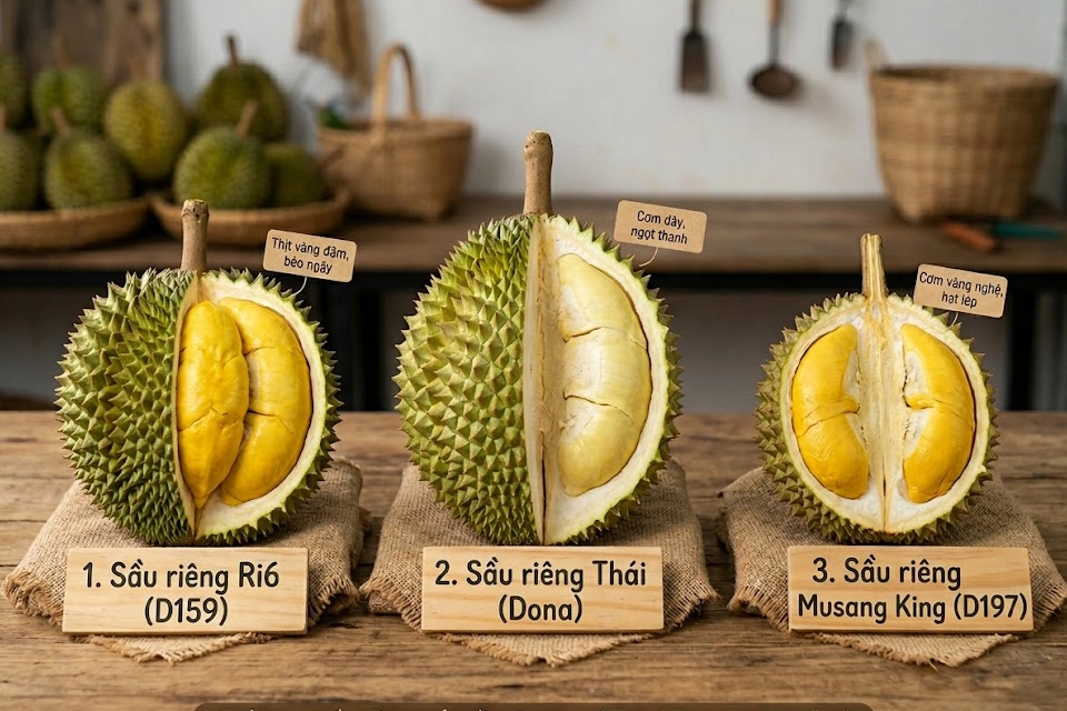 Hình ảnh so sánh chi tiết ba loại sầu riêng Ri6, Thái (Dona), và Musang King