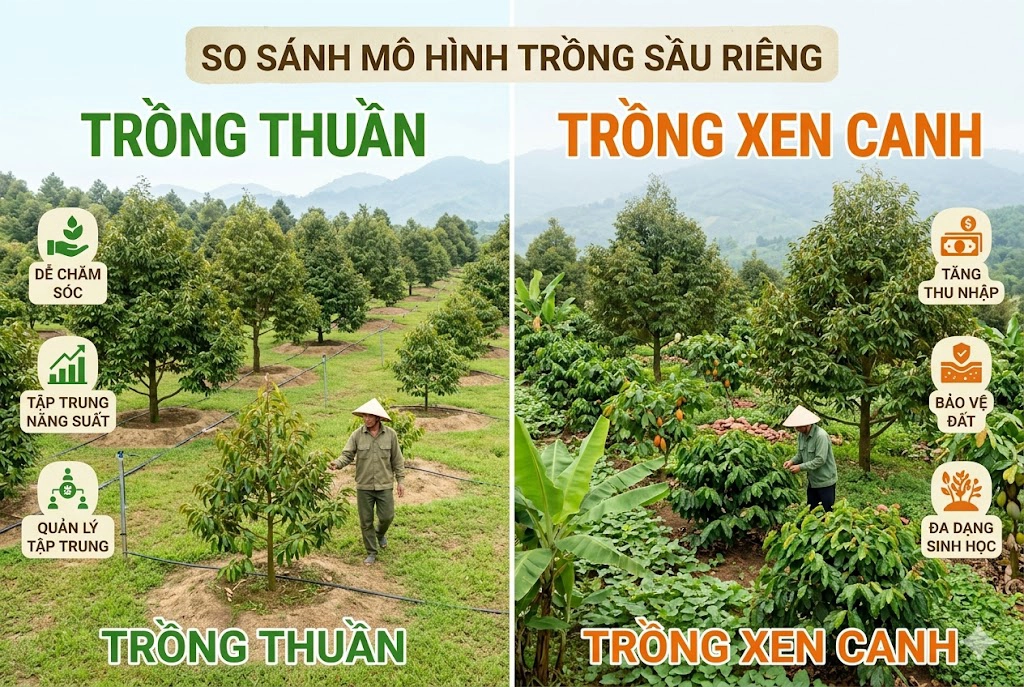 Hình ảnh minh họa sự khác biệt trực quan giữa mô hình trồng thuần (trái) chỉ tập trung vào một loại cây, và mô hình trồng xen canh (phải) với sự kết hợp đa dạng cây trồng để tối ưu hóa diện tích và thu nhập.