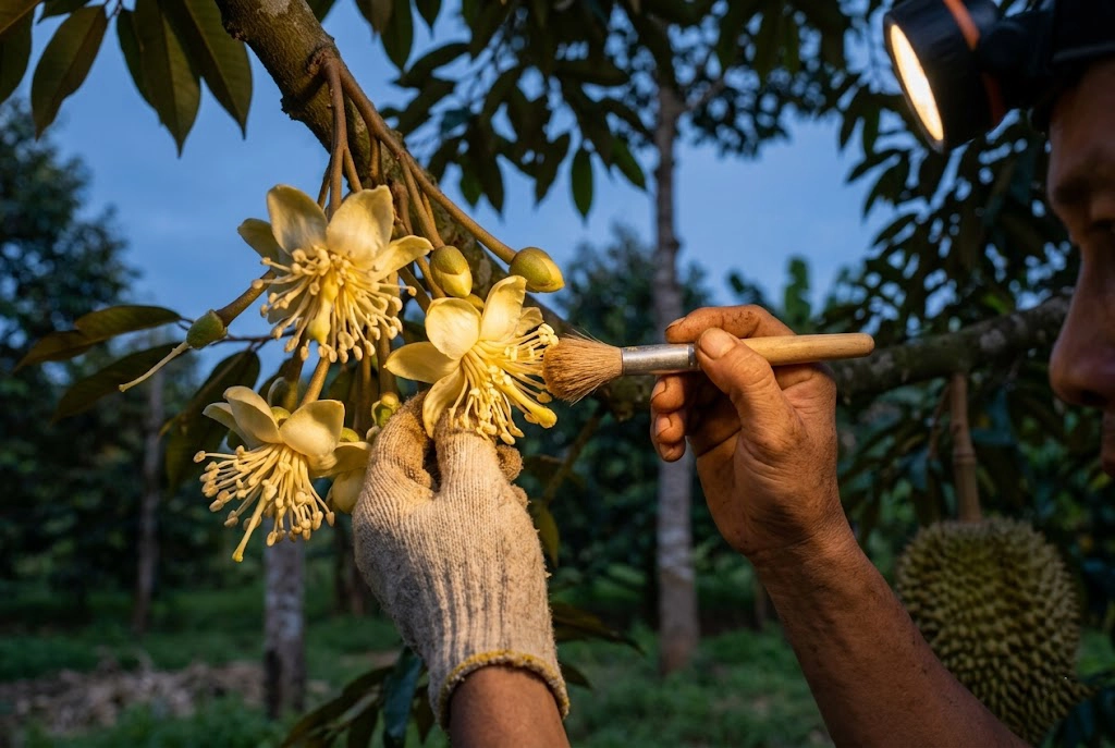 thu-phan-nhan-tao-sau-rieng copy Kỹ thuật thụ phấn nhân tạo cho sầu riêng vào ban đêm bằng cọ mềm, giúp tăng tỉ lệ đậu trái và đảm bảo trái phát triển tròn đều, không bị méo hộc