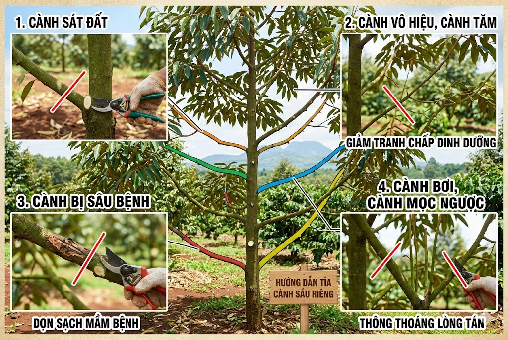 Hình minh họa 4 nhóm cành sầu riêng cần được tỉa bỏ.