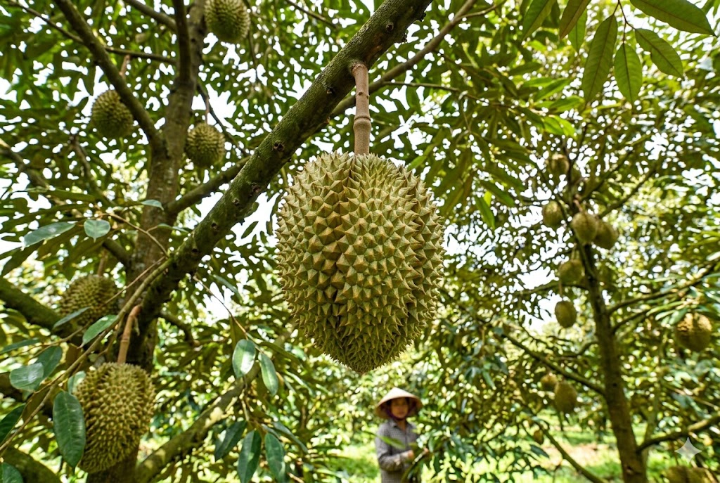trai-sau-rieng-chin-tren-cay copy Ánh nắng xuyên qua tán lá xanh mướt, làm nổi bật vẻ đẹp tự nhiên của "vua" các loại trái cây khi còn trên cây.