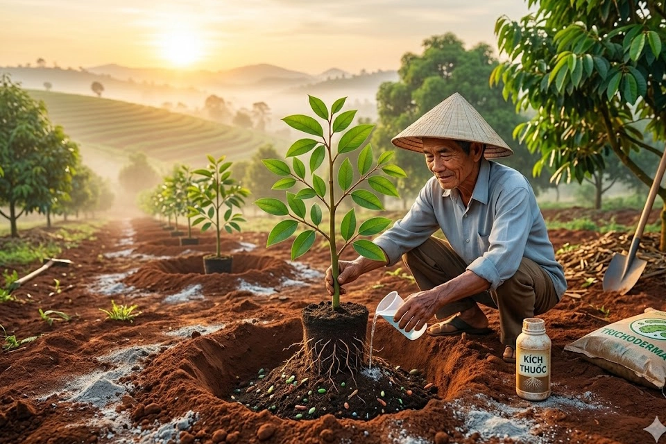 trong-sau-rieng-kich-re Hình ảnh mô tả một người nông dân đang thực hiện quy trình trồng cây sầu riêng con.