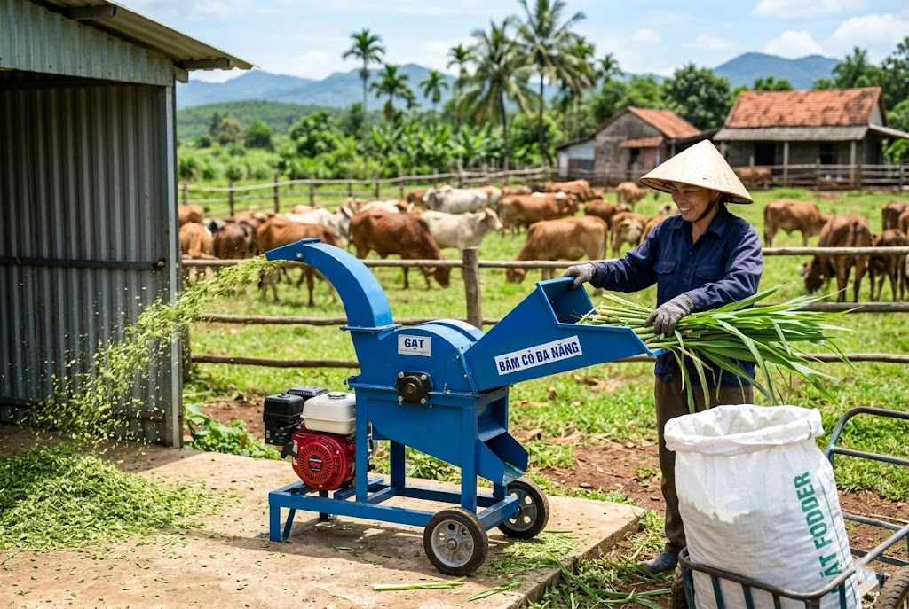 tu-van-chon-mua-may-bam-co-da-nang-cho-ho-nuoi-bo copy Máy băm cỏ đa năng công suất lớn đang hoạt động hiệu quả tại trang trại chăn nuôi bò.