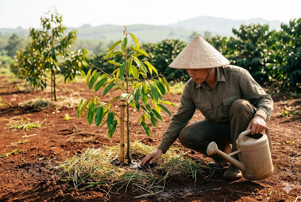 tuoi-nuoc-sau-rieng-moi-trong copy Hình ảnh người nông dân đang kiểm tra độ ẩm đất và tưới nước cho cây sầu riêng mới trồng, minh họa cho kỹ thuật chăm sóc cây con đúng cách được chia sẻ trong bài viết.